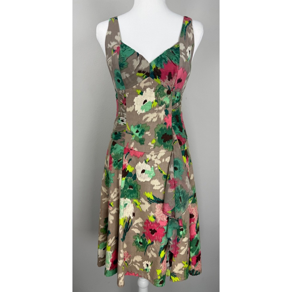 Vintage Nanette Lepore Floral Ruffle Dress Womens 2 Garden Party Eclectic Art